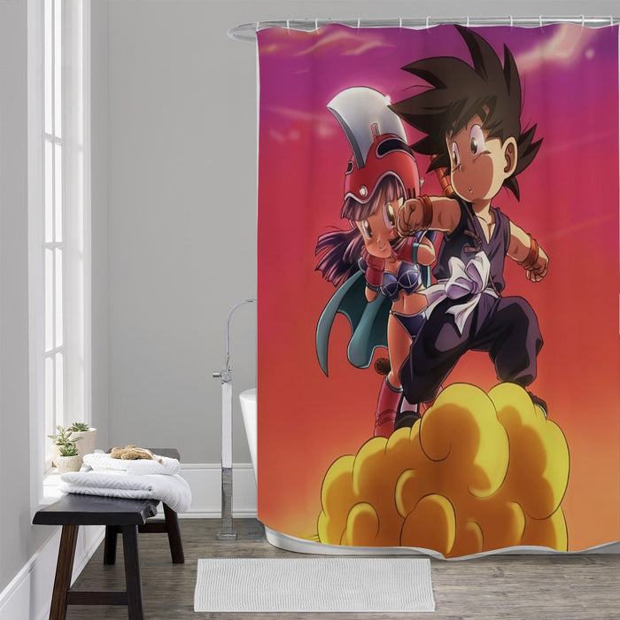 Kid Goku & Chichi Flying on Golden Cloud 3D Shower Curtains