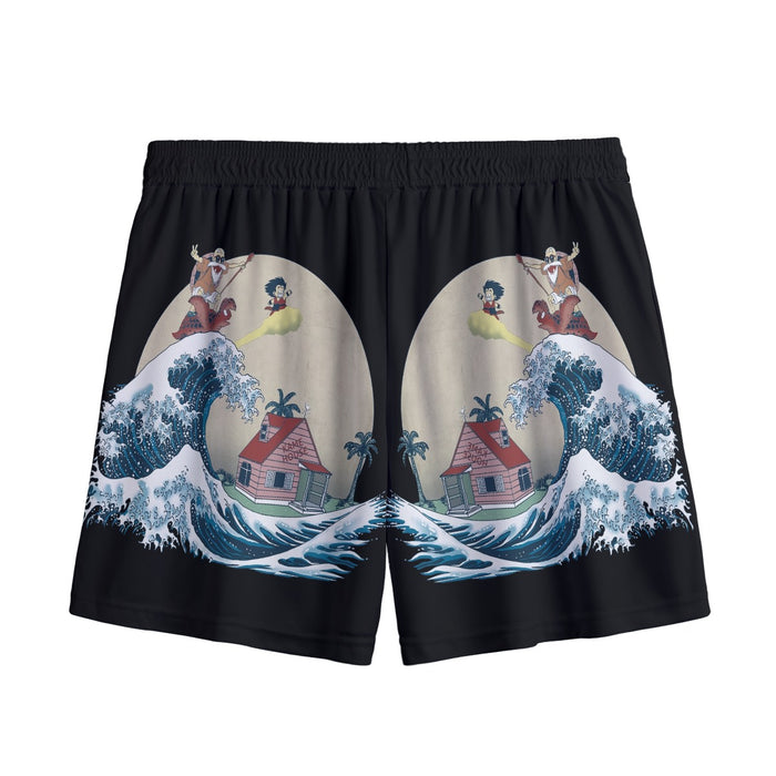 DBZ Kid Goku And Master Roshi Surfing To Kame House Mesh Shorts