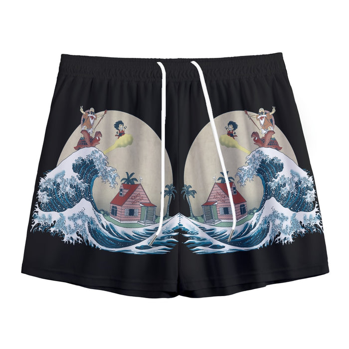 DBZ Kid Goku And Master Roshi Surfing To Kame House Mesh Shorts