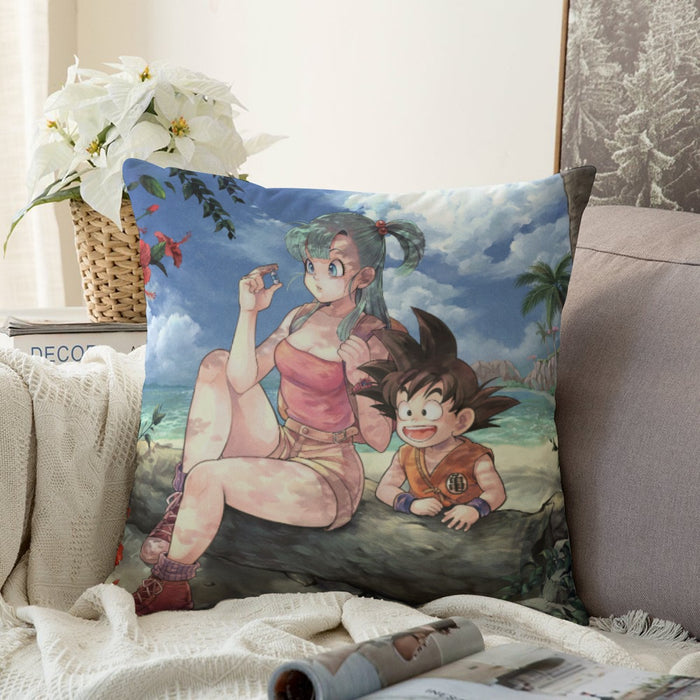 Bulma Sitting on a Tree and Kid Goku at the Beach Blue Graphic Couch Pillowcase