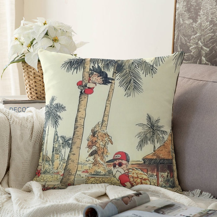 Palm Tree Cute Kid Goku Master Roshi Vintage Beige Couch Pillowcase