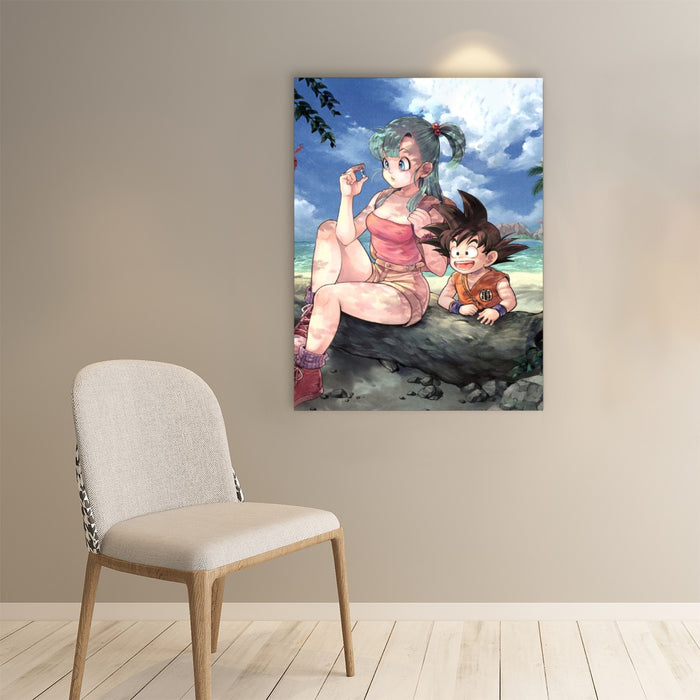 Bulma Sitting on a Tree and Kid Goku at the Beach Blue Graphic DBZ Paper poster