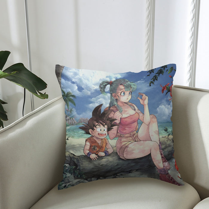 Bulma Sitting on a Tree and Kid Goku at the Beach Blue Graphic Couch Pillowcase