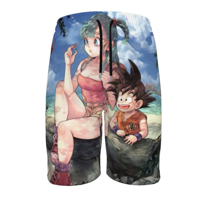 Bulma Sitting on a Tree and Kid Goku at the Beach Blue Graphic Men‘s Beach Shorts