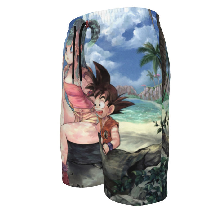 Bulma Sitting on a Tree and Kid Goku at the Beach Blue Graphic Men‘s Beach Shorts