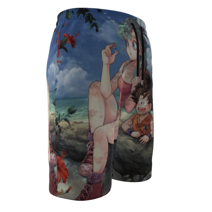 Bulma Sitting on a Tree and Kid Goku at the Beach Blue Graphic Men‘s Beach Shorts