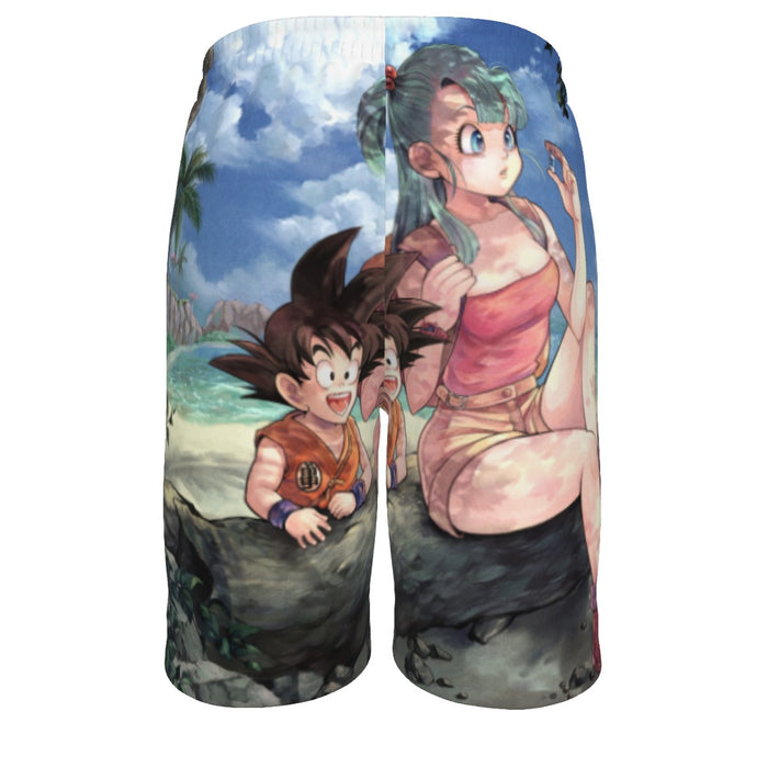 Bulma Sitting on a Tree and Kid Goku at the Beach Blue Graphic Men‘s Beach Shorts