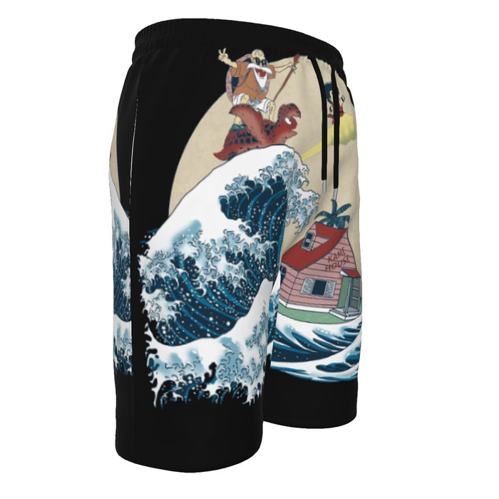 DBZ Kid Goku And Master Roshi Surfing To Kame House  Men‘s Beach Shorts