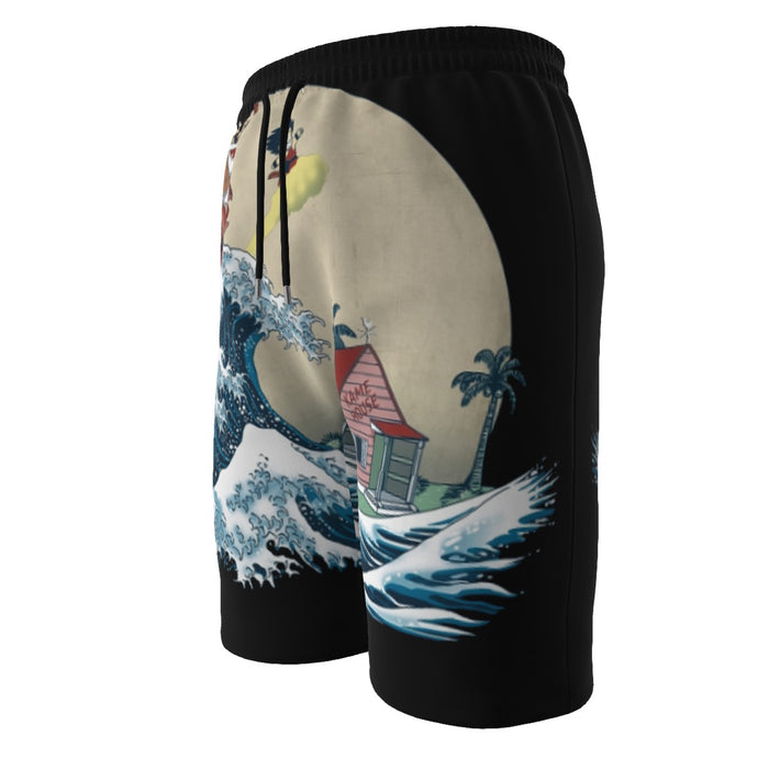 DBZ Kid Goku And Master Roshi Surfing To Kame House  Men‘s Beach Shorts