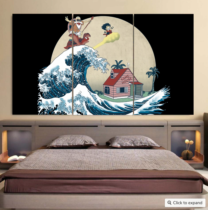 DBZ Kid Goku And Master Roshi Surfing To Kame House Cool 3pc Canvas