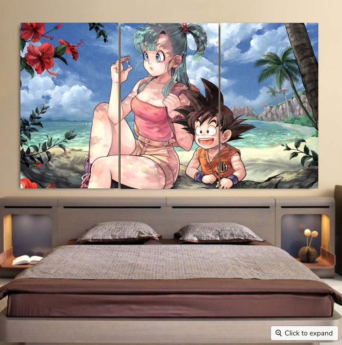 Bulma Sitting on a Tree and Kid Goku at the Beach Blue Graphic DBZ Cool 3pc Canvas