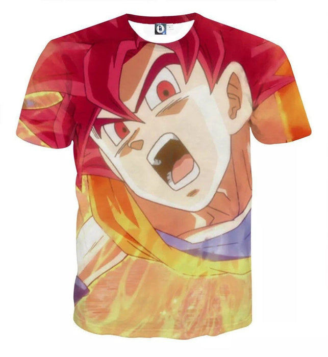 Dragon Ball Goku Super Saiyan Red God Face Portrait Print T-shirt