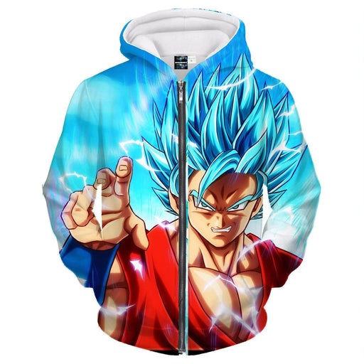 Angry Goku Super Saiyan God Blue Power Thunder Attack Zipper Hoodie - DBZ Store