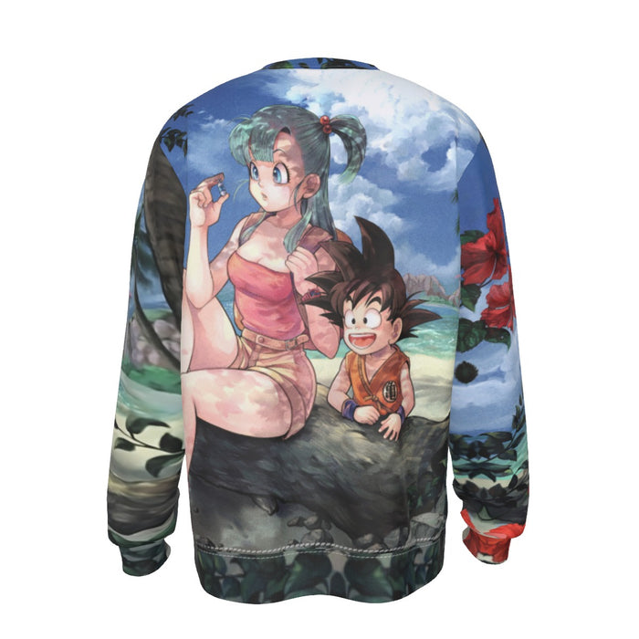 Bulma Sitting on a Tree and Kid Goku at the Beach Blue Graphic DBZ Sweatshirt