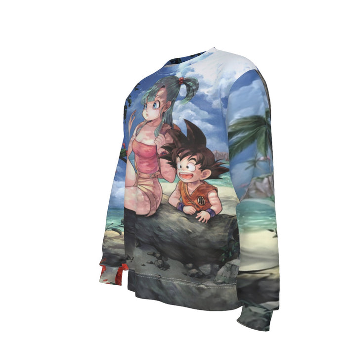 Bulma Sitting on a Tree and Kid Goku at the Beach Blue Graphic DBZ Sweatshirt