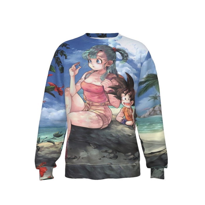 Bulma Sitting on a Tree and Kid Goku at the Beach Blue Graphic DBZ Sweatshirt