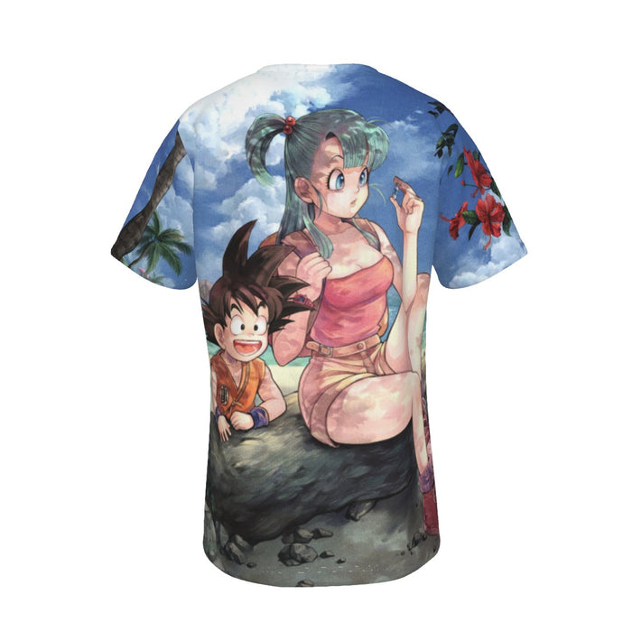 Bulma Sitting on a Tree and Kid Goku at the Beach Blue Graphic DBZ T-Shirt