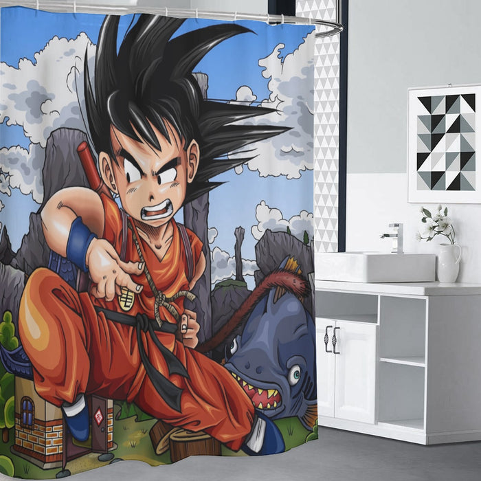 Dragon Ball Anime Angry Kid Goku Sky Clouds Blue 3D Shower Curtain