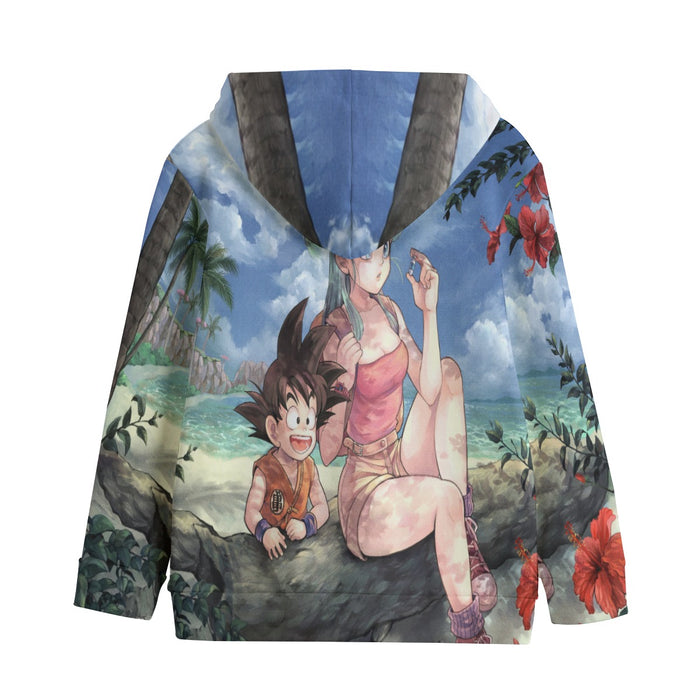 Bulma Sitting on a Tree and Kid Goku at the Beach Blue Graphic DBZ Kids Hoodie