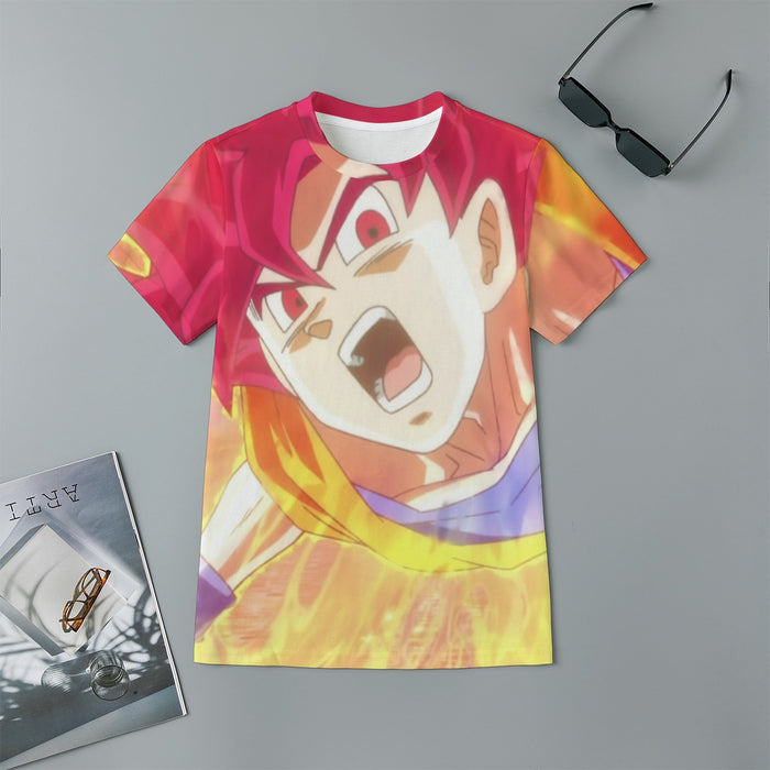 Dragon Ball Goku Super Saiyan Red God Face Portrait Print Kids T-Shirt