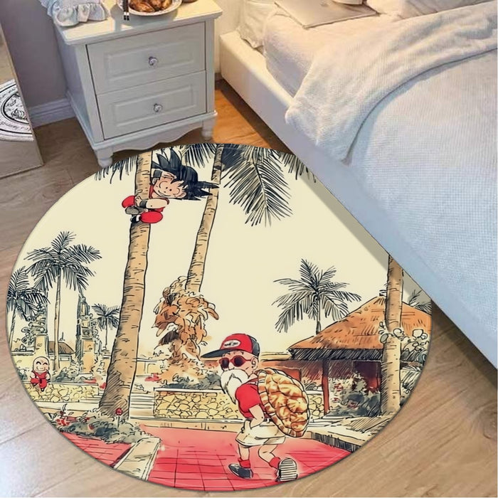 Palm Tree Cute Kid Goku Master Roshi Vintage Beige Round Mat