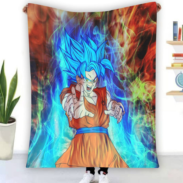 DBZ Goku Super Saiyan God Blue SSGSS Power Aura Fire Theme Design Blanket