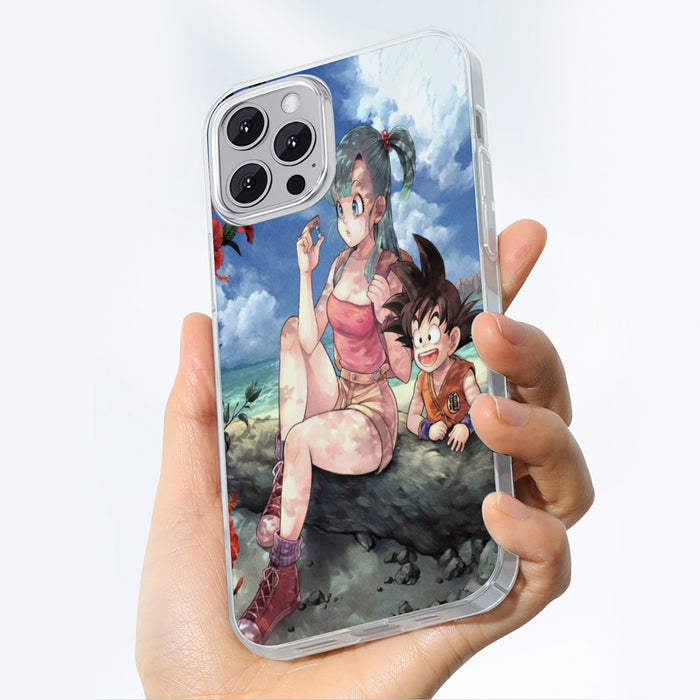 Bulma Sitting on a Tree and Kid Goku at the Beach Blue Graphic DBZ iPhone 13 Case