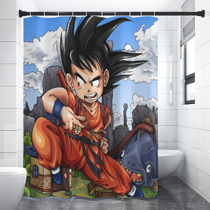 Dragon Ball Anime Angry Kid Goku Sky Clouds Blue 3D Shower Curtain