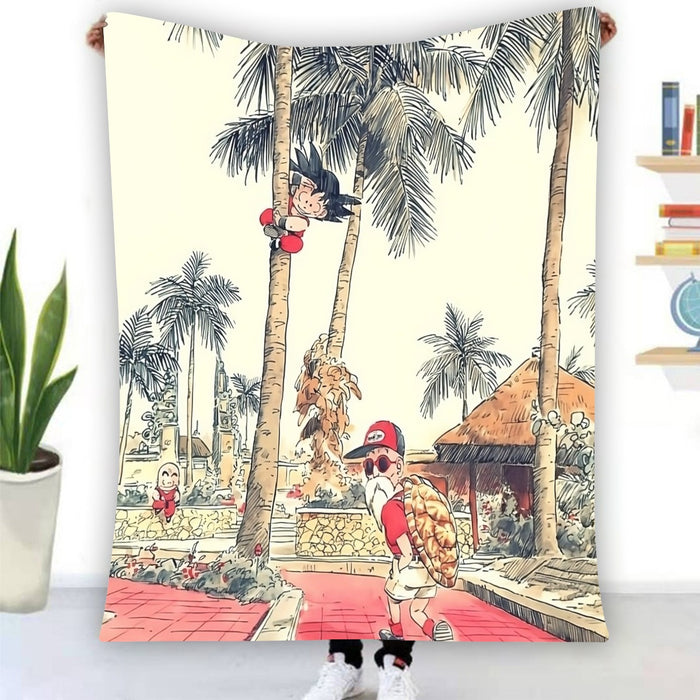 Palm Tree Cute Kid Goku Master Roshi Vintage Beige Blanket