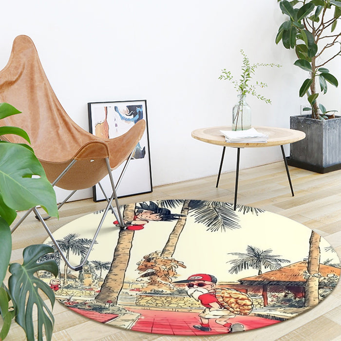 Palm Tree Cute Kid Goku Master Roshi Vintage Beige Round Mat