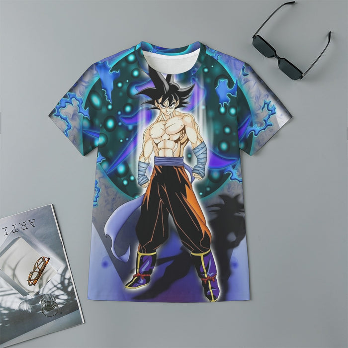 DBZ Goku Muscular Saiyan Vibrant Background Art Style Kids T-Shirt