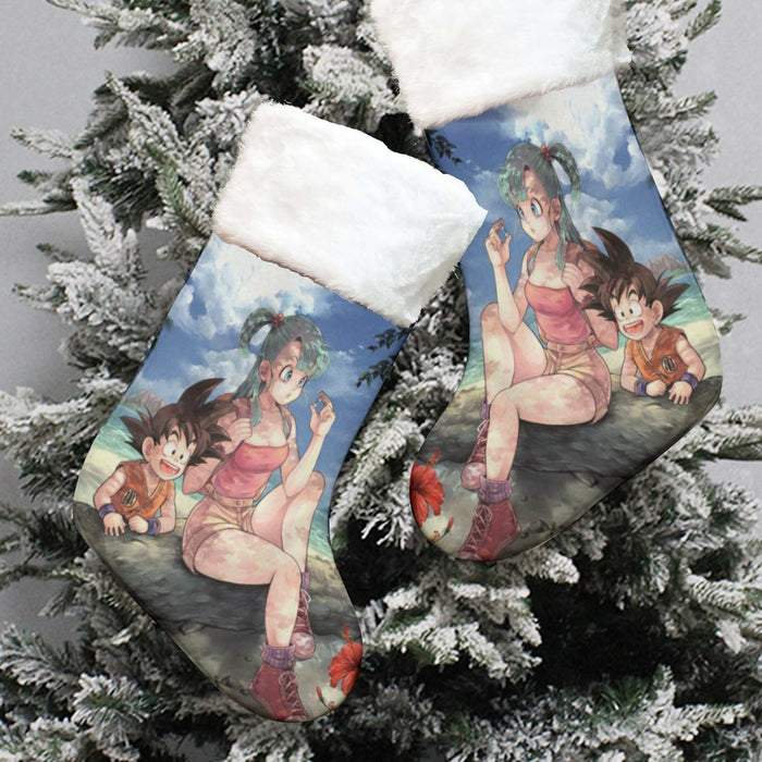 Bulma Sitting on a Tree and Kid Goku at the Beach Blue Graphic DBZ Christmas Socks