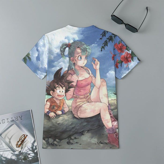 Bulma Sitting on a Tree and Kid Goku at the Beach Blue Graphic DBZ Kids T-Shirt