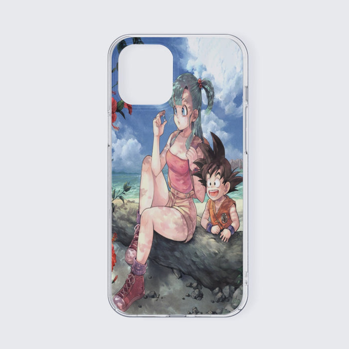 Bulma Sitting on a Tree and Kid Goku at the Beach Blue Graphic DBZ iPhone 13 Case