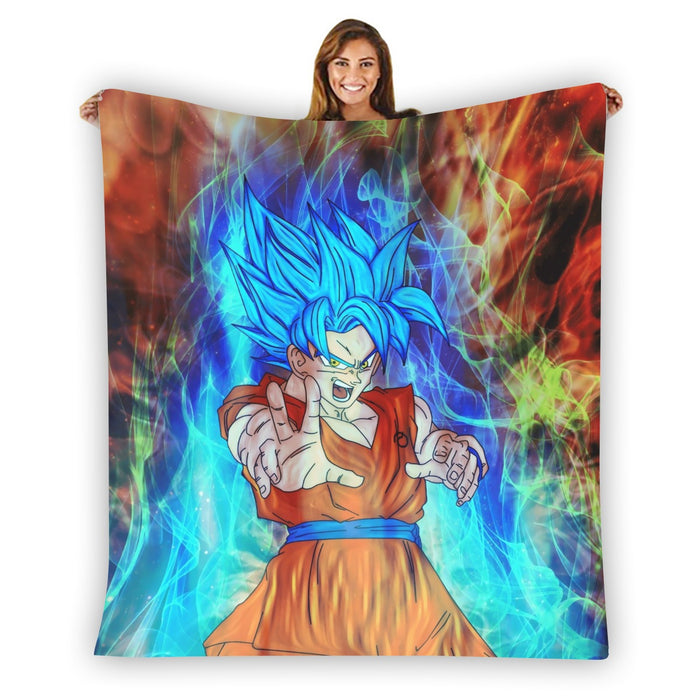 DBZ Goku Super Saiyan God Blue SSGSS Power Aura Fire Theme Design Blanket