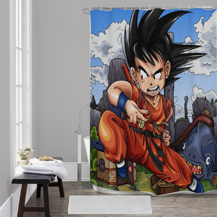 Dragon Ball Anime Angry Kid Goku Sky Clouds Blue 3D Shower Curtain