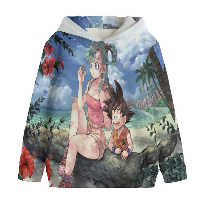 Bulma Sitting on a Tree and Kid Goku at the Beach Blue Graphic DBZ Kids Hoodie