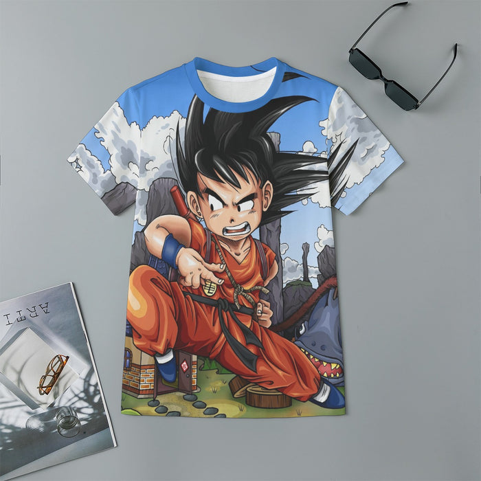 Dragon Ball Anime Angry Kid Goku Sky Clouds Blue 3D Kids T-Shirt