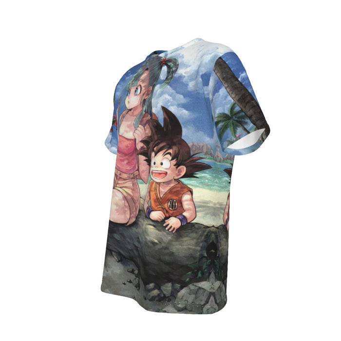 Bulma Sitting on a Tree and Kid Goku at the Beach Blue Graphic DBZ T-Shirt