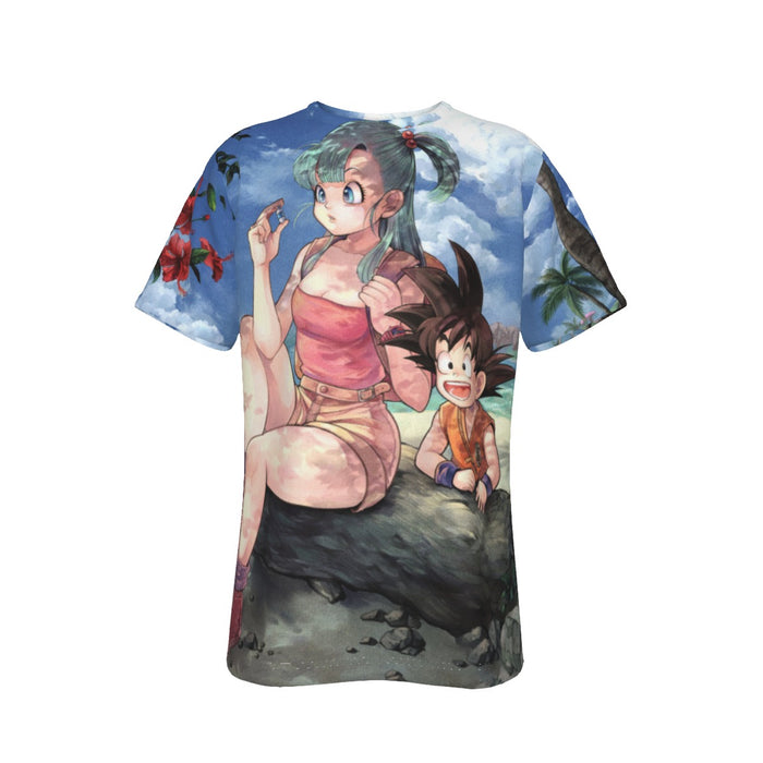 Bulma Sitting on a Tree and Kid Goku at the Beach Blue Graphic DBZ T-Shirt