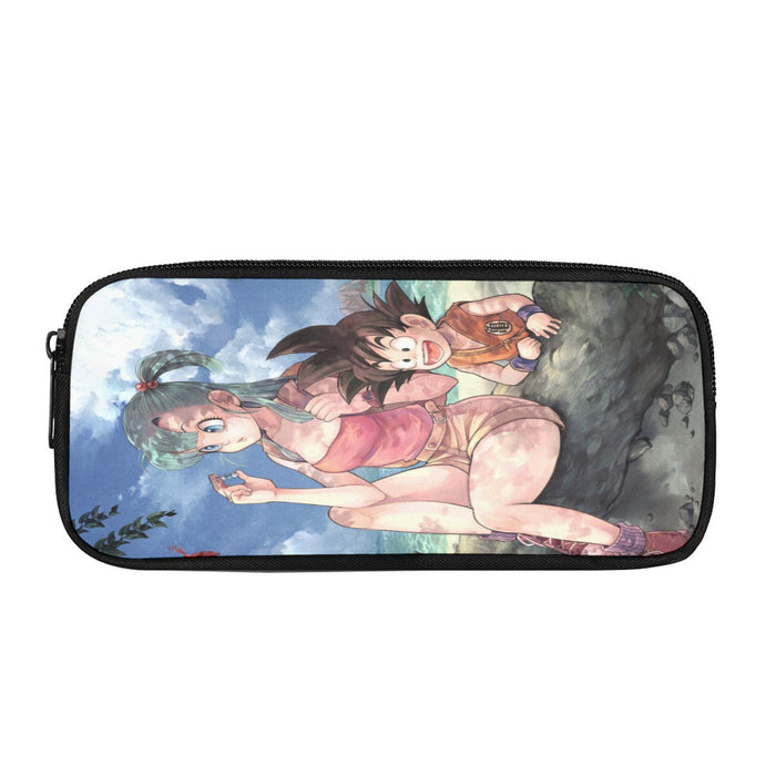 Bulma Sitting on a Tree and Kid Goku at the Beach Blue Graphic DBZ Pencil Bag