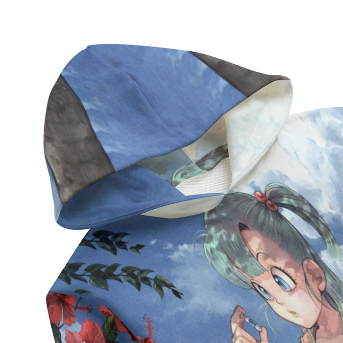 Bulma Sitting on a Tree and Kid Goku at the Beach Blue Graphic DBZ Kids Hoodie