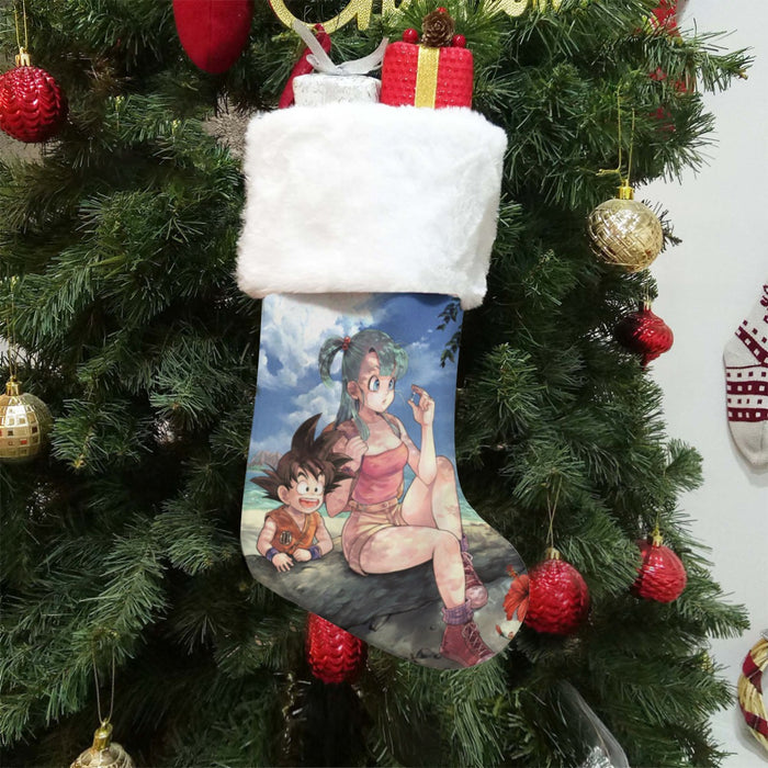 Bulma Sitting on a Tree and Kid Goku at the Beach Blue Graphic DBZ Christmas Socks