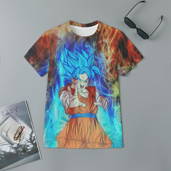 DBZ Goku Super Saiyan God Blue SSGSS Power Aura Fire Theme Design Kids T-Shirt