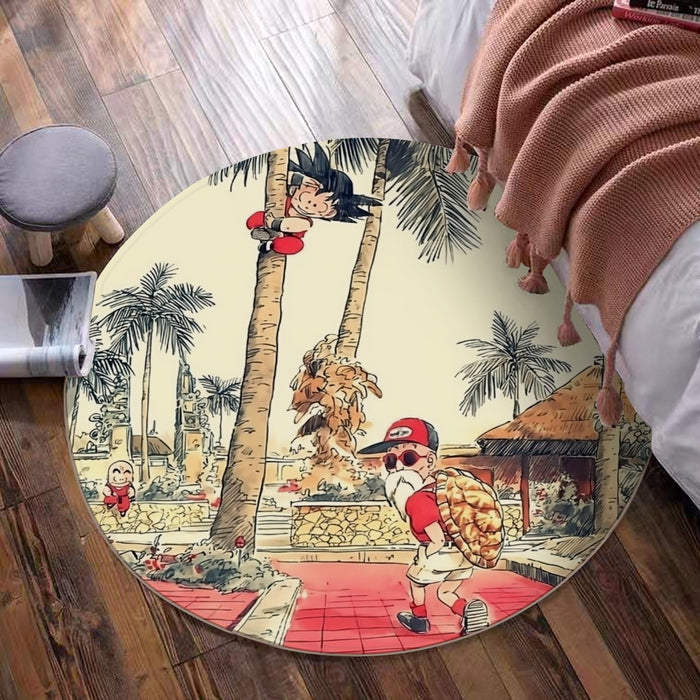 Palm Tree Cute Kid Goku Master Roshi Vintage Beige Round Mat