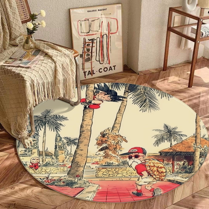 Palm Tree Cute Kid Goku Master Roshi Vintage Beige Round Mat