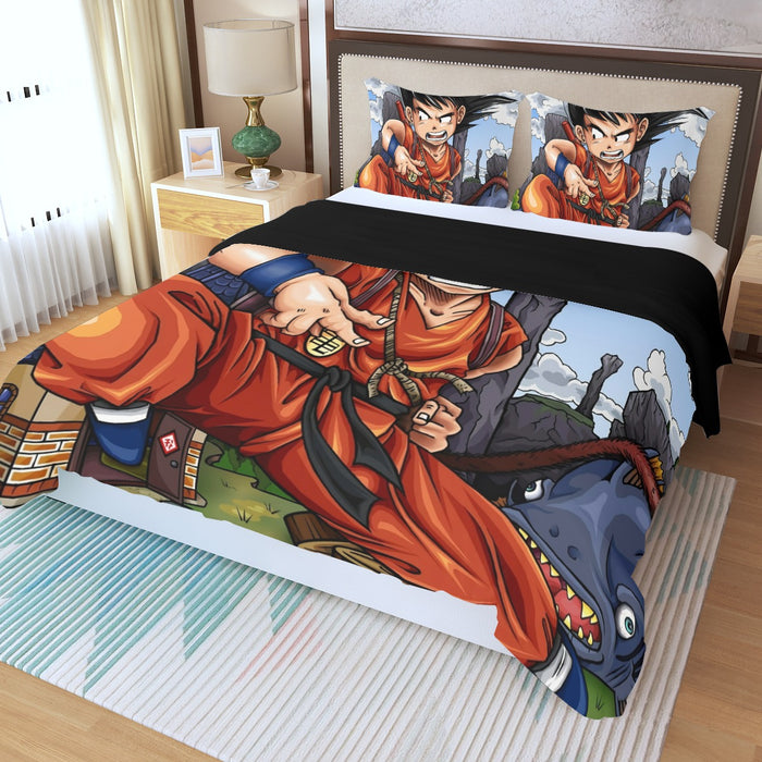 Dragon Ball Anime Angry Kid Goku Sky Clouds Blue 3D Three Piece Duvet Cover Set