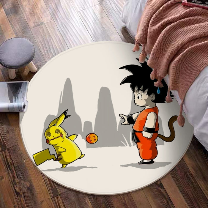 Goku Throwing A Dragon Ball At Pikachu round mat
