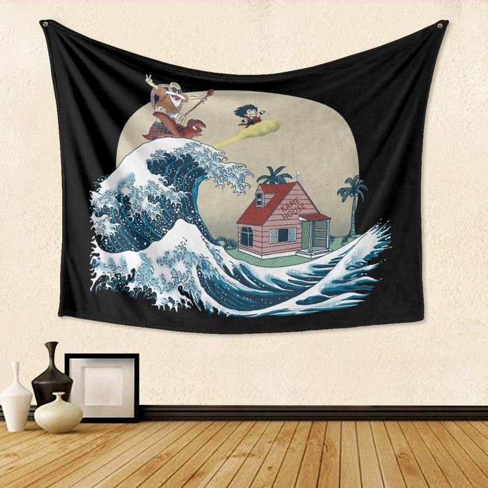 DBZ Kid Goku And Master Roshi Surfing To Kame House Tapestry