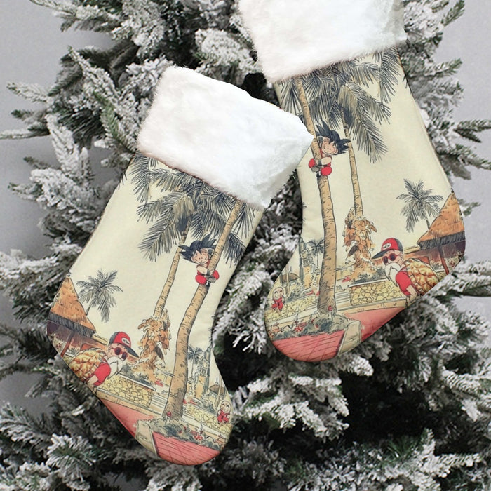 Palm Tree Cute Kid Goku Master Roshi Vintage Beige Christmas Socks